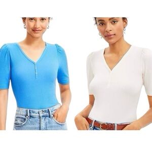 Loft bundle lot two ribbed Henley v neck short sleeve top shirt blue white NWT